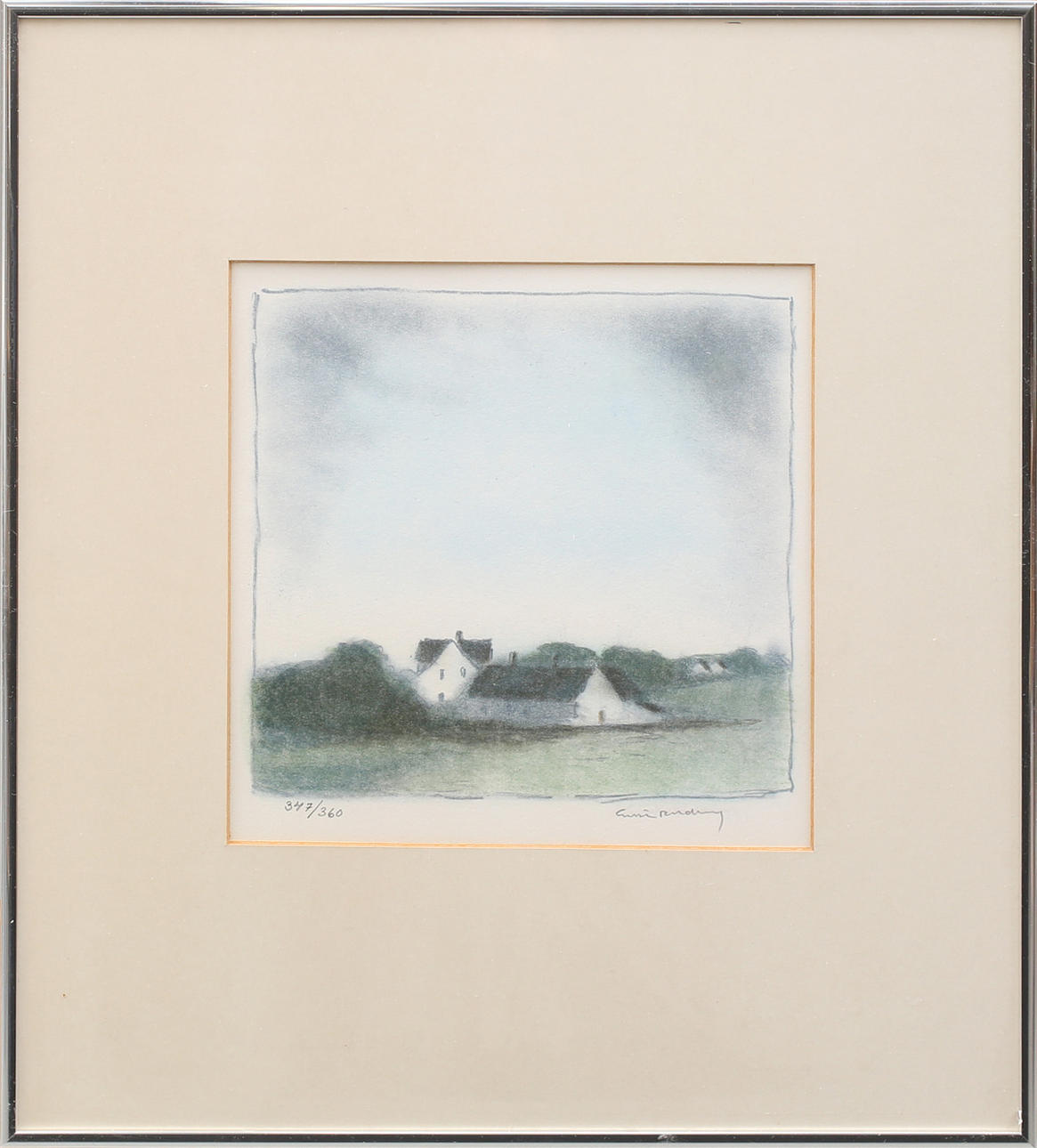 GUSTAV RUDBERG. Gård i skånskt landskap, färglitografi nr 347/360, signerad.