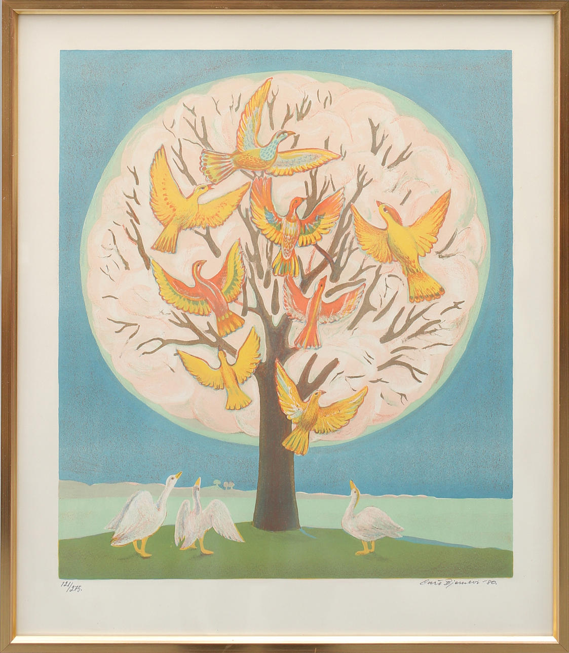 CURT BJERNEVI. Fåglar i träd, färglitografi nr 121/275, signerad och daterad -80.