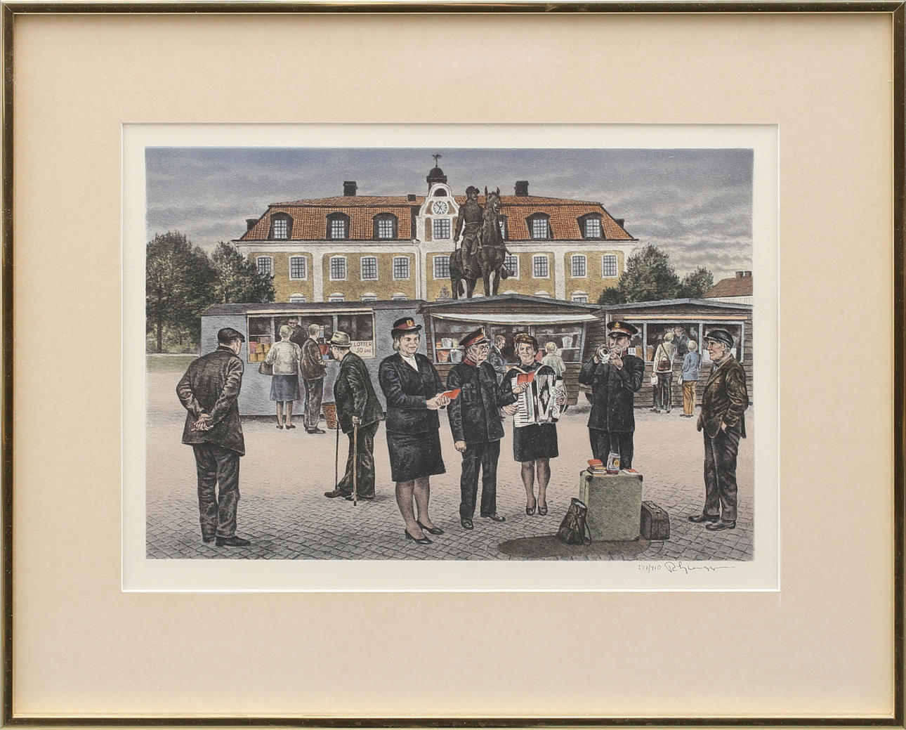 REINHOLD LJUNGGREN. Frälsningsarmen på torget i färglitografi nr 247/410, signerad R Ljunggren.