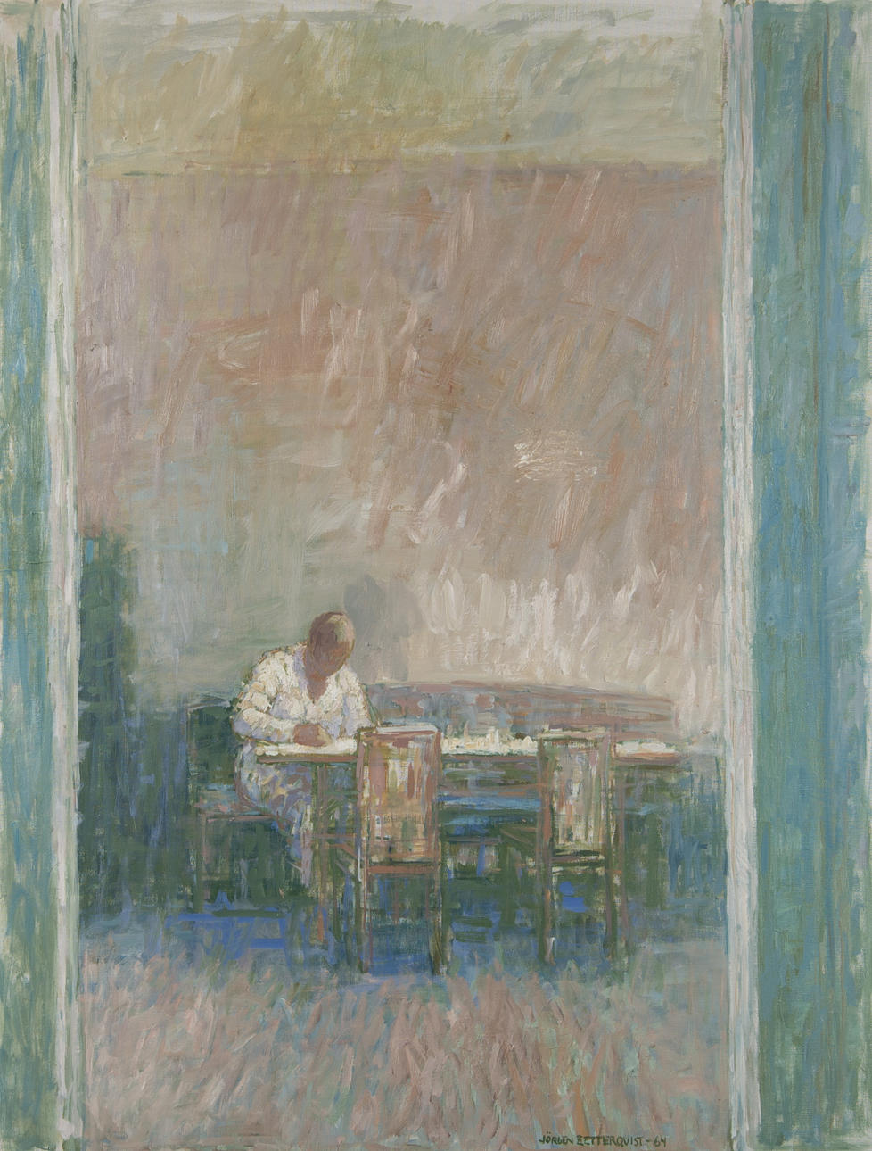 JÖRGEN ZETTERQUIST. "Interiör med skrivande man", olja på duk, signerad -69.