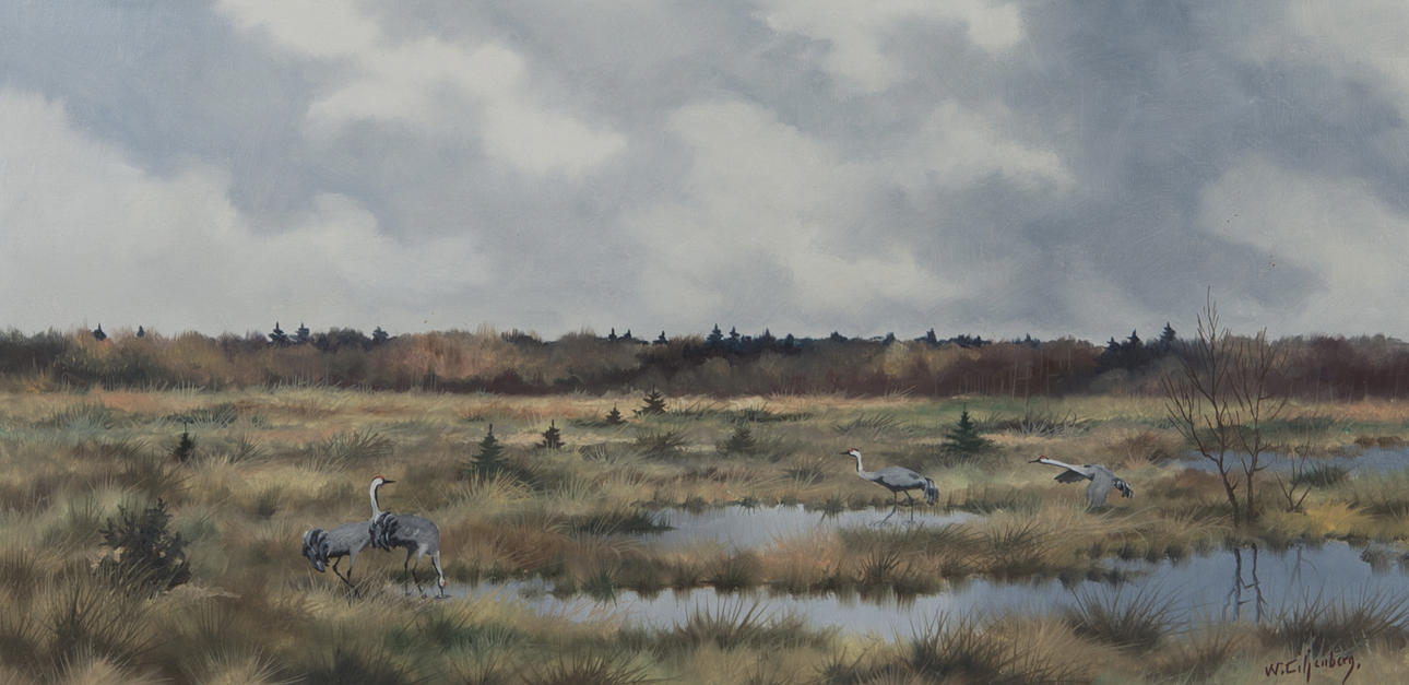 WALTER LILJENBERG. Landskap med tranor, olja på duk, signerad W. Liljenberg.