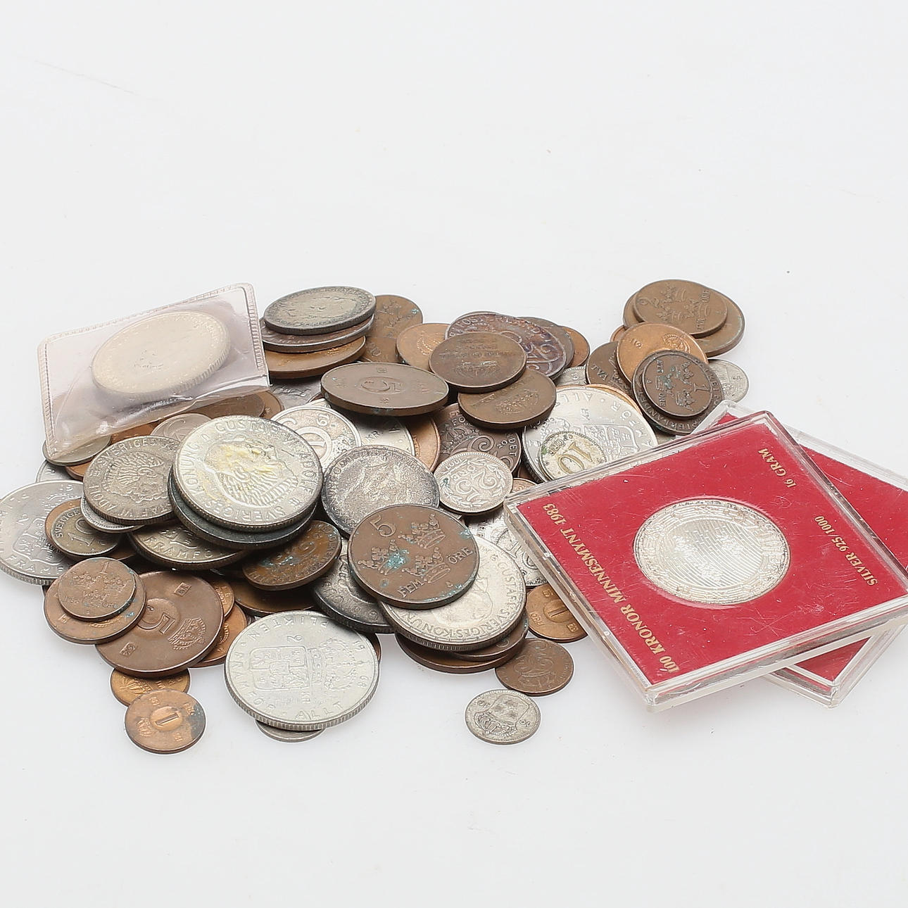 MYNTSAMLING, silver, brons, järn, nickel, 1900-tal, silvermyntens vikt 157 gram.