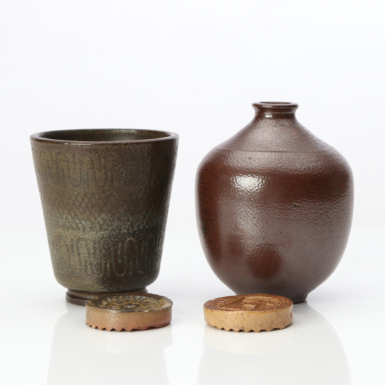 WALLÅKRA, VASES, TWO PCS AND STANDS, TWO PCS. Glazed stoneware. Marked/signed.