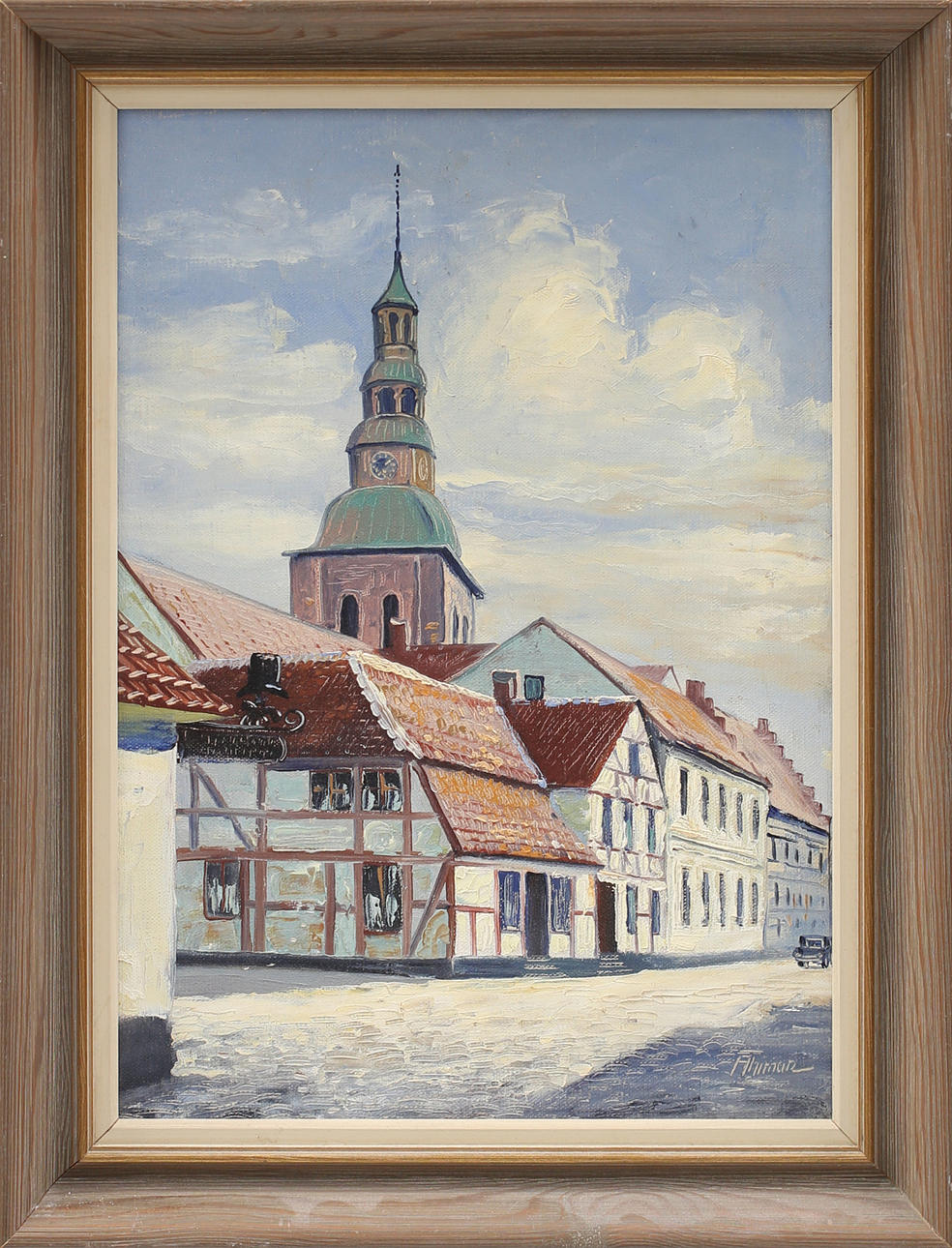 OIDENTIFIERAD KONSTNÄR. Ystad med Mariakyrkan, olja på pannå, otydlig signatur.