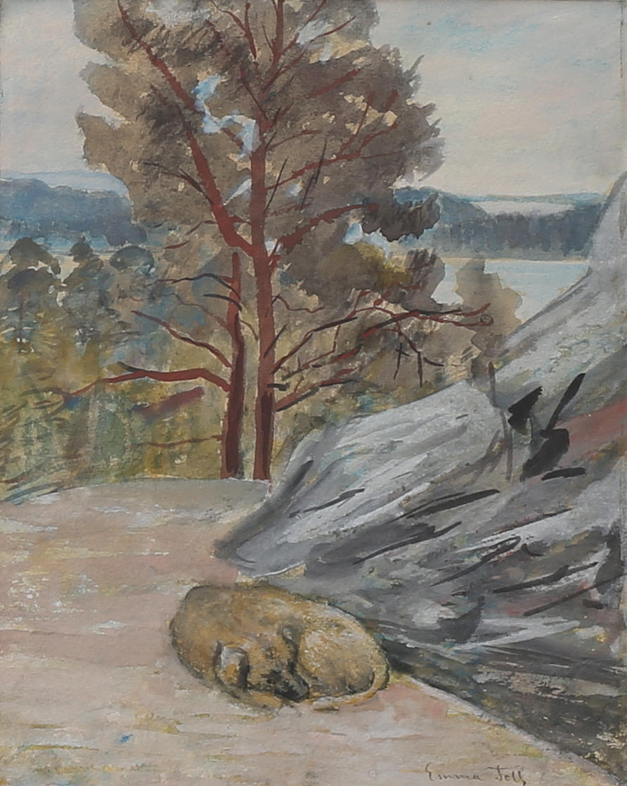 EMMA TOLL. Sovande hund i landskap. Akvarell, signerad.