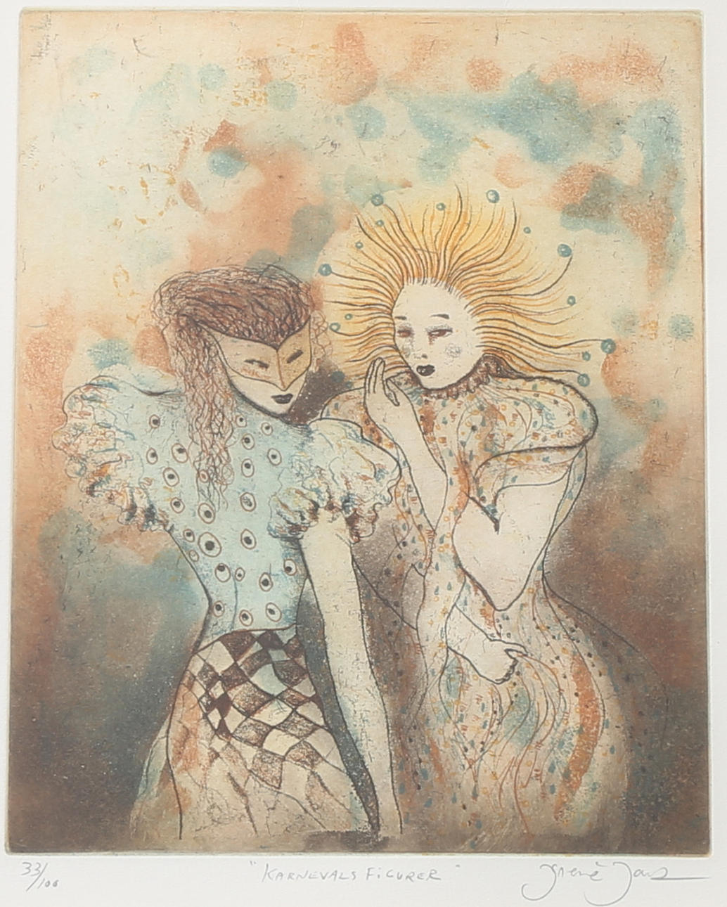 IRÉNE JARZ. "Karnevalsflickor". Färglitografi, signerad och numrerad 33/100.