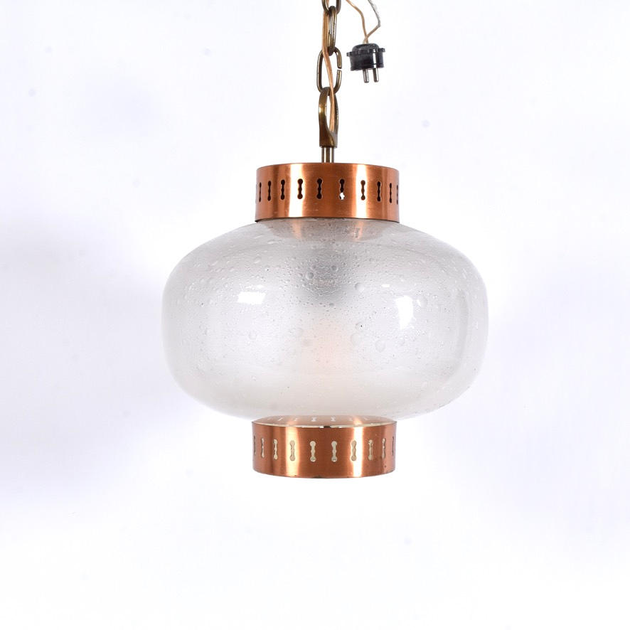 CEILING LAMP, copper/glass, 1970s.