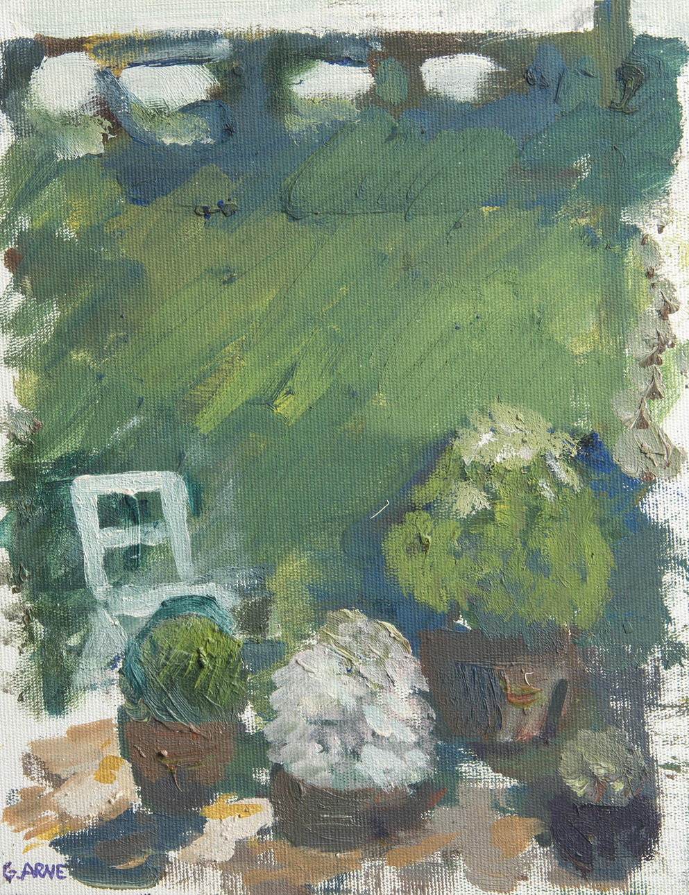 GUSTAV ARNE. "Från trädgården", olja på pannå, signerad G. Arne.