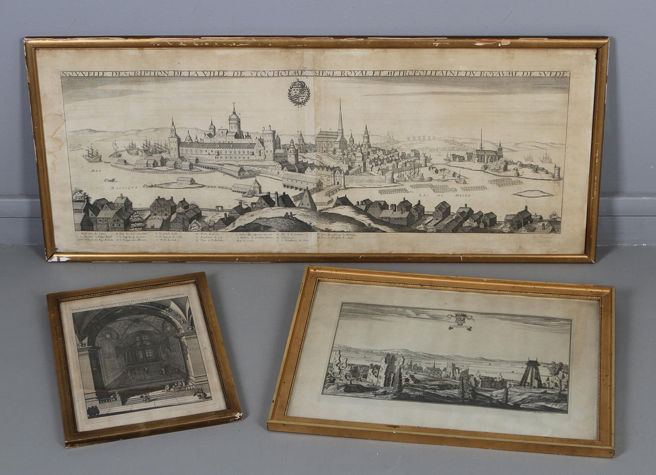 GRAFISKA BLAD, 3 st, Bland annat Stockholm med slottet Tre Kronor. 1700/1800-tal.