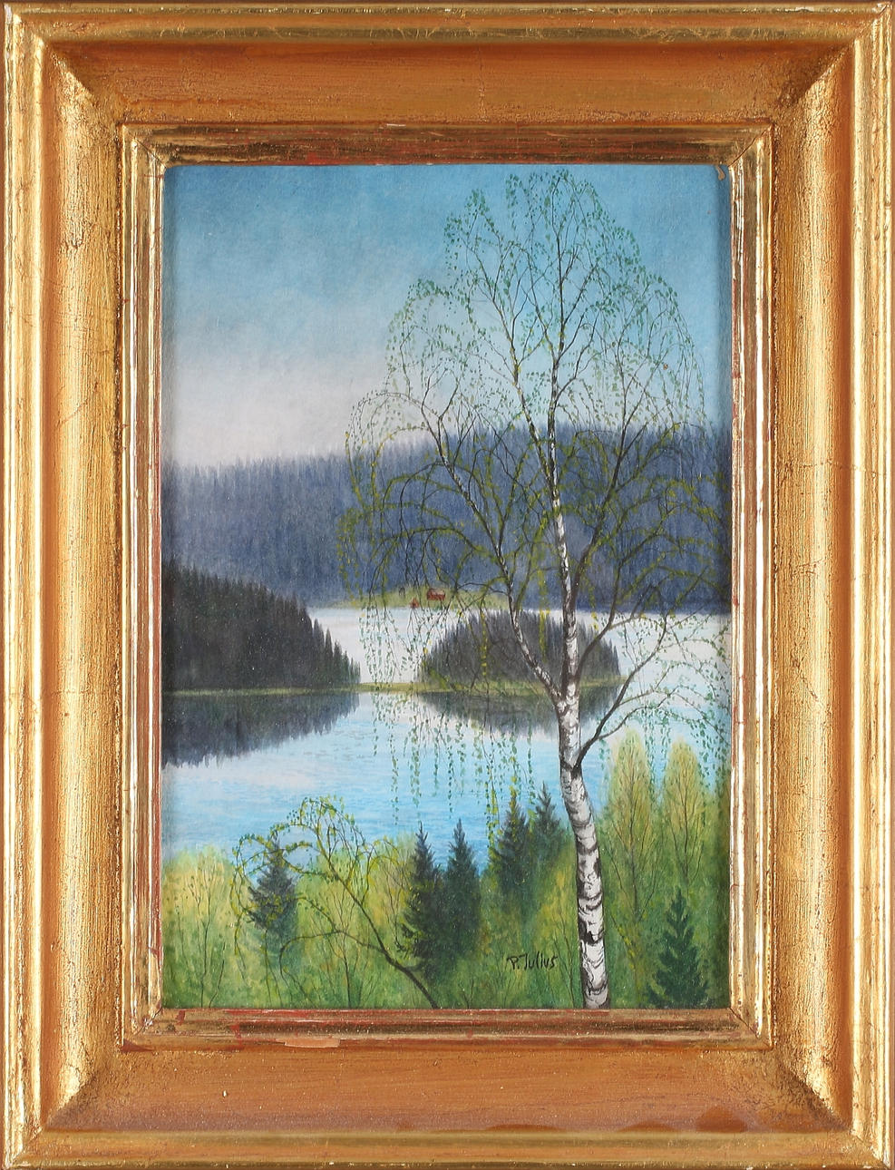 PER JULIUS. Landskap med björk, akvarell, signerad.