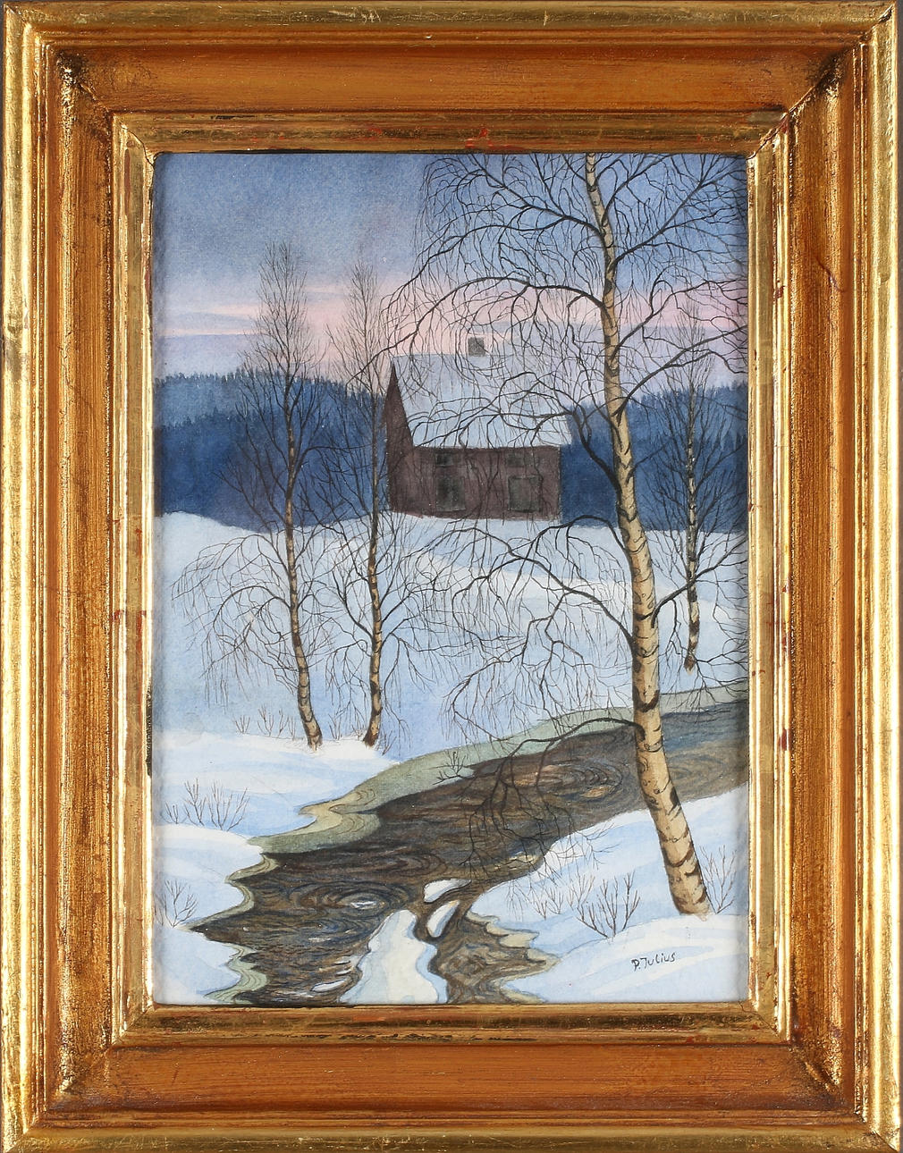 PER JULIUS. Torp vid vattendrag, akvarell, signerad.