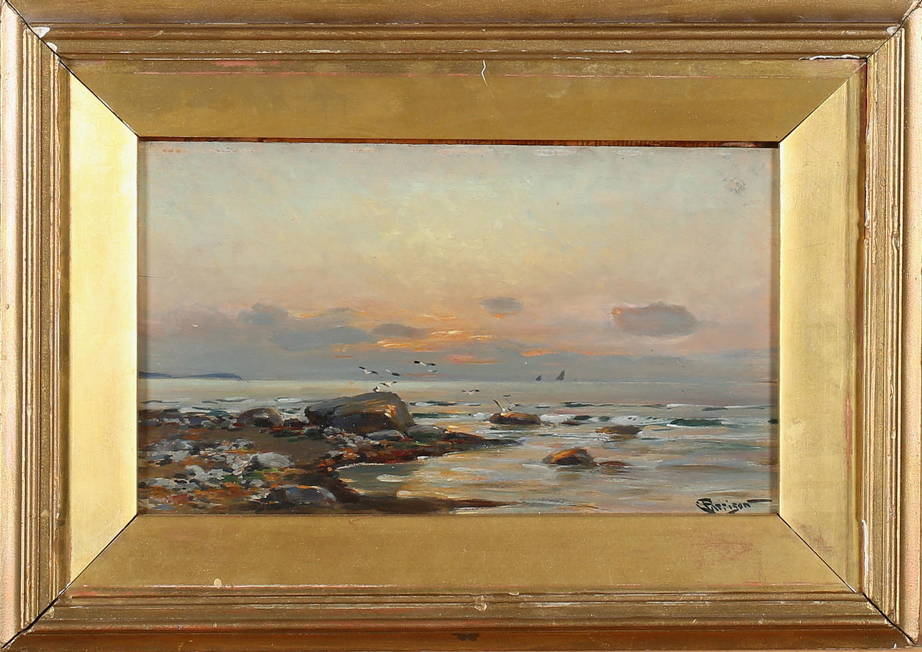CHARLES PATTISON. "The Beach at Ruegen", olja på pannå, signerad.