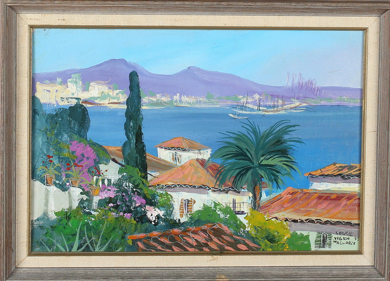 LYKKE VIGEN. Hamnmotiv, olja på pannå, signerad samt daterad Mallorca -59.