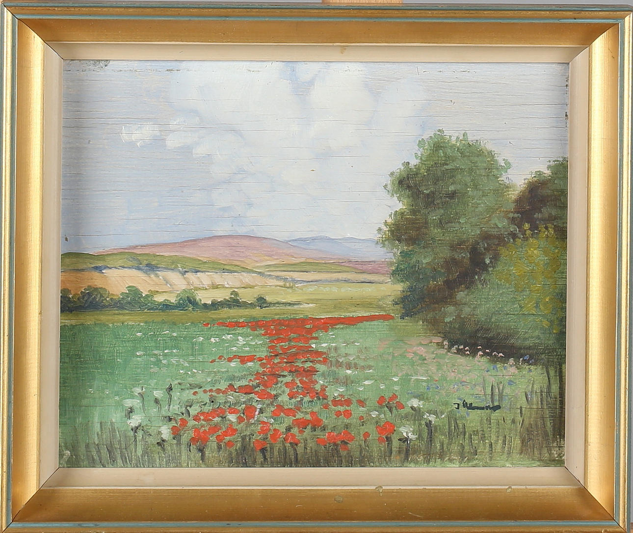 OIDENTIFIERAD KONSTNÄR. Sommarlandskap med blommor, olja på pannå, signerad.