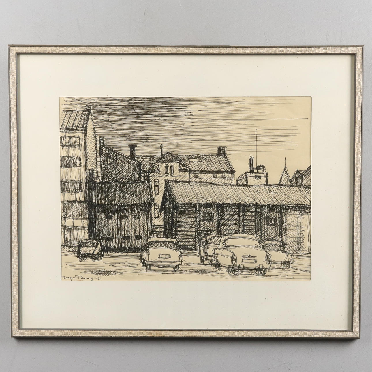INGA BERG. DRAWING, ink, parked cars, signed & dated -61.