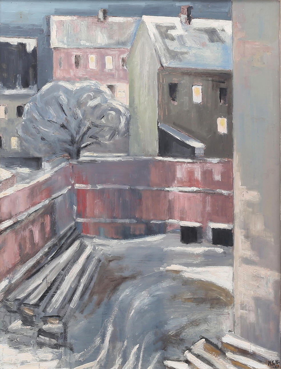 OIDENTIFIERAD KONSTNÄR. City backyard. Oil on panel, indistinctly signed.