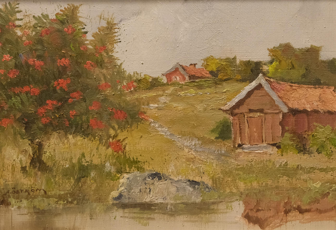 ARVID ÖSTRÖM. LANDSCAPE, OIL ON PANEL.