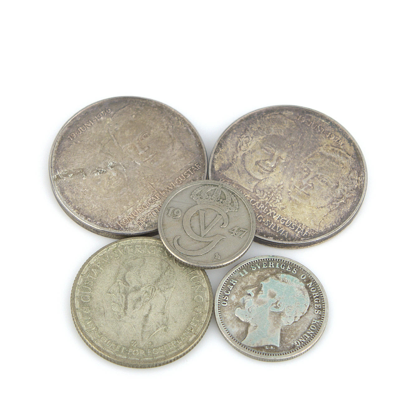 COINS, 5 pcs. Swedish, circulated.