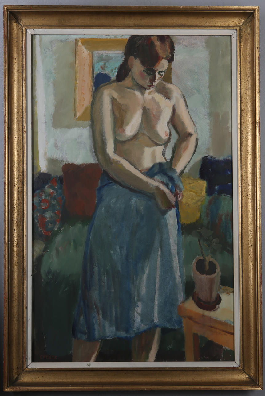 MAGNUS CREUTZ. Olja på duk, interiör med kvinna, signerad..