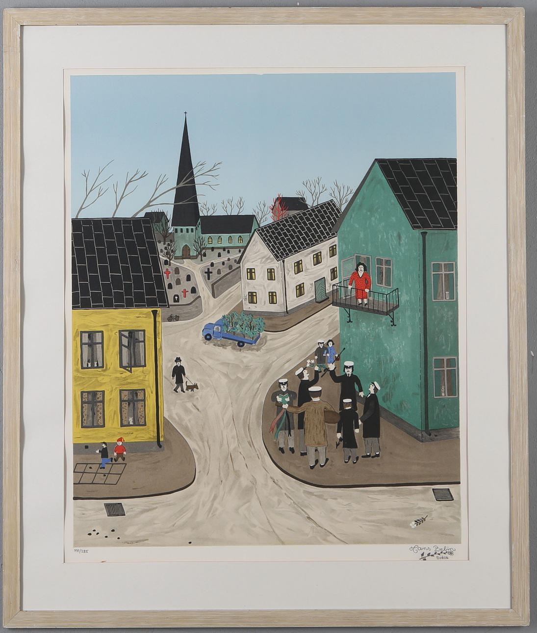 HANS BELIN. Färglitografi, stadsbild med människor, signerad, numrerad 191/285.