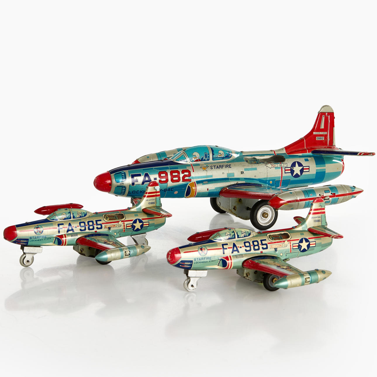 YONEZAWA. Aircraft, 3 pcs, "FA-982 Lockheed" and "FA-985 Starfire Lockheed", Japan, second half of the 20th century, lithographed tin, friction.