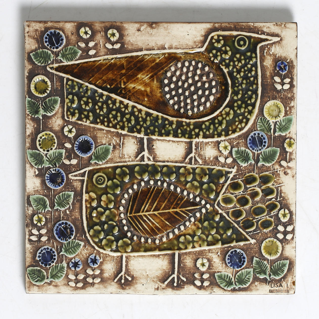 LISA LARSON. Väggplakett, keramik, fåglar, ur serien "Unik", Gustavsberg, 1900-talets tredje kvartal.