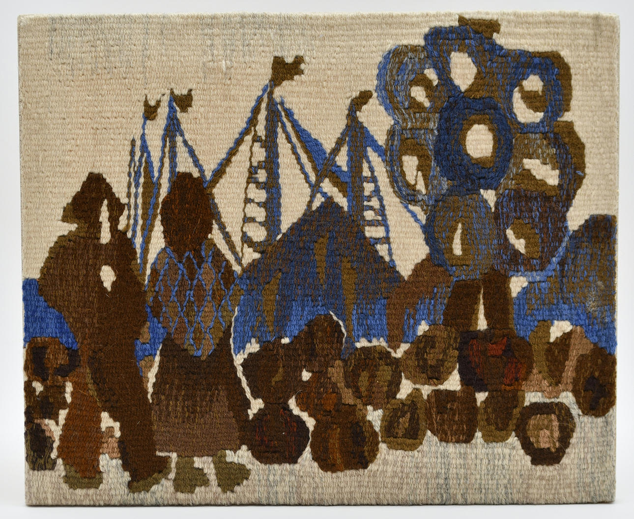 Woven textile, coastal landscape.