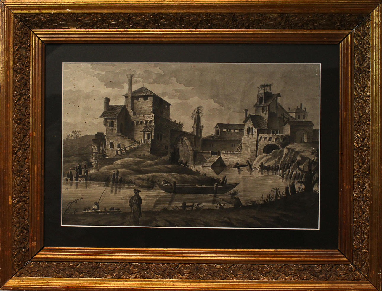 OKÄND KONSTNÄR. Sydländsk by med människor.Tuschlavering, 1700/1800-tal.