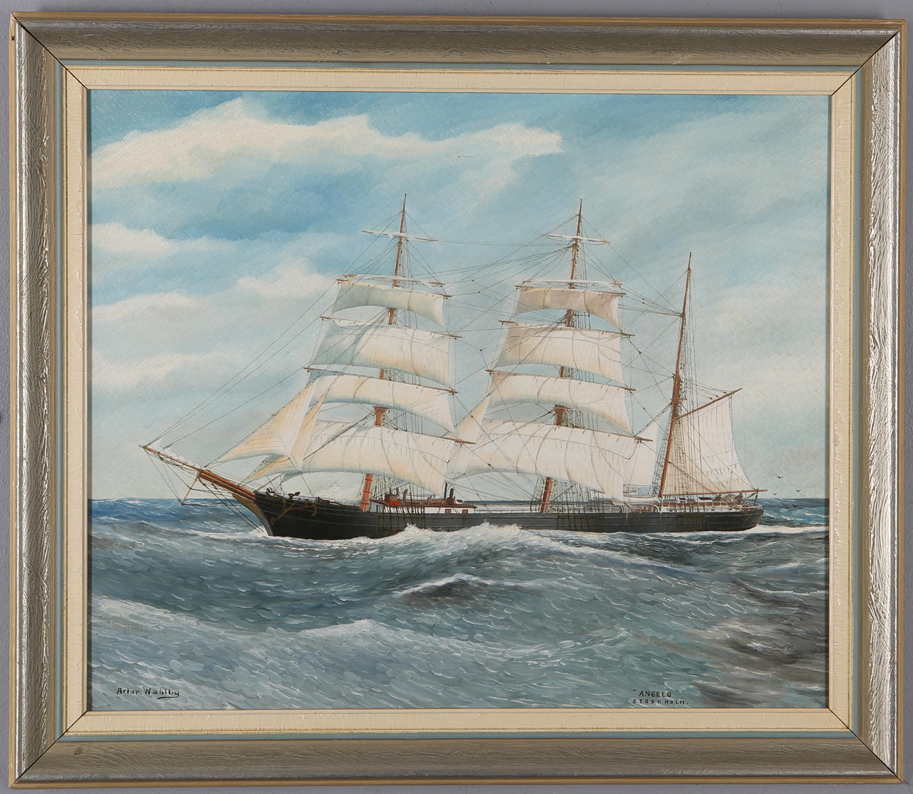 ARTUR WAHLBY. Fartygsporträtt "Angelo", olja på pannå, signerad.