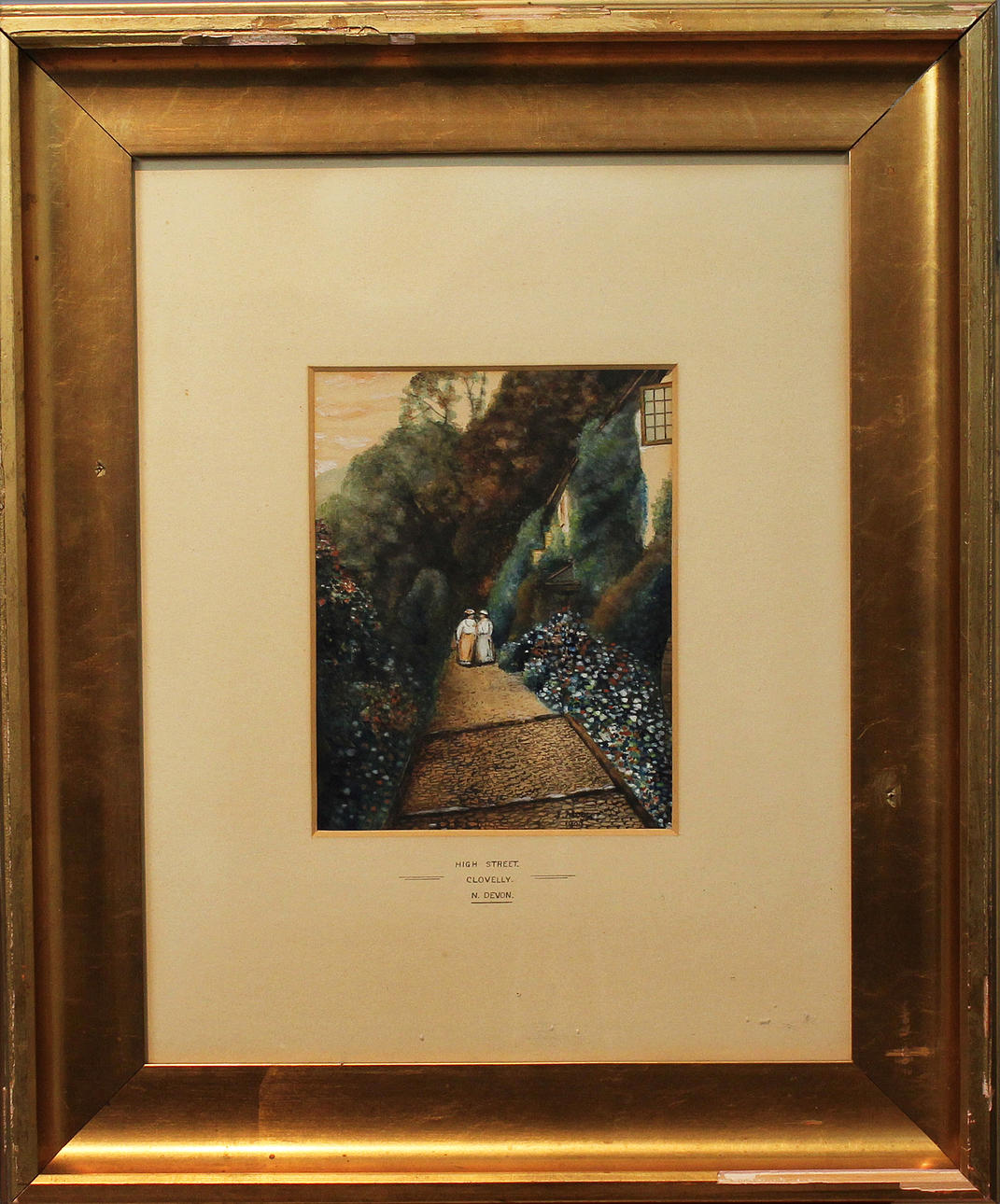 JOY MOYSE. "High Street Clovelly N Devon". Akvarell. Signerad J Moyse och daterad 1900.