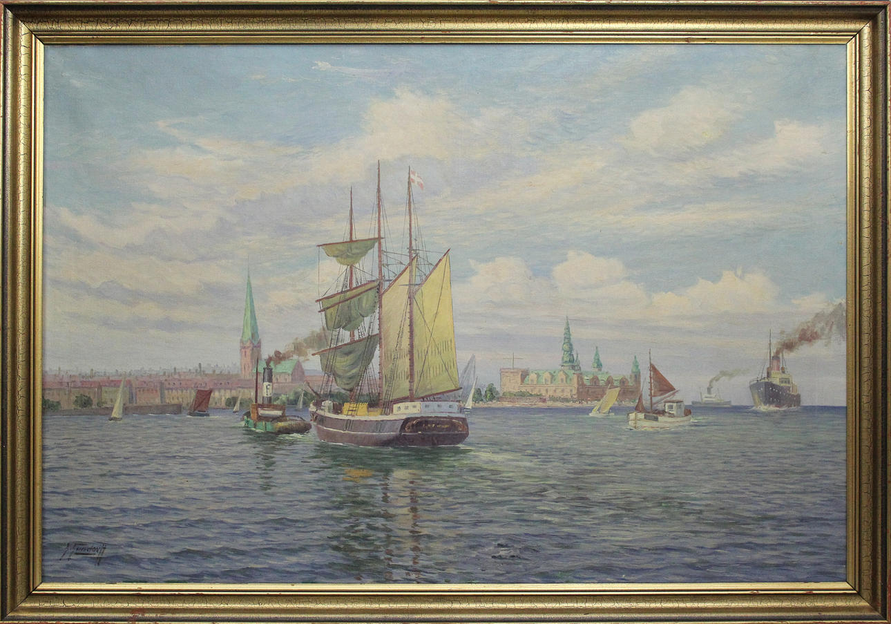 GEORG GUNDORFF, (1876 - ?). Segelfartyg vid Kronborgs slott, Helsingör. Olja på duk. Signerad G Gundorff.