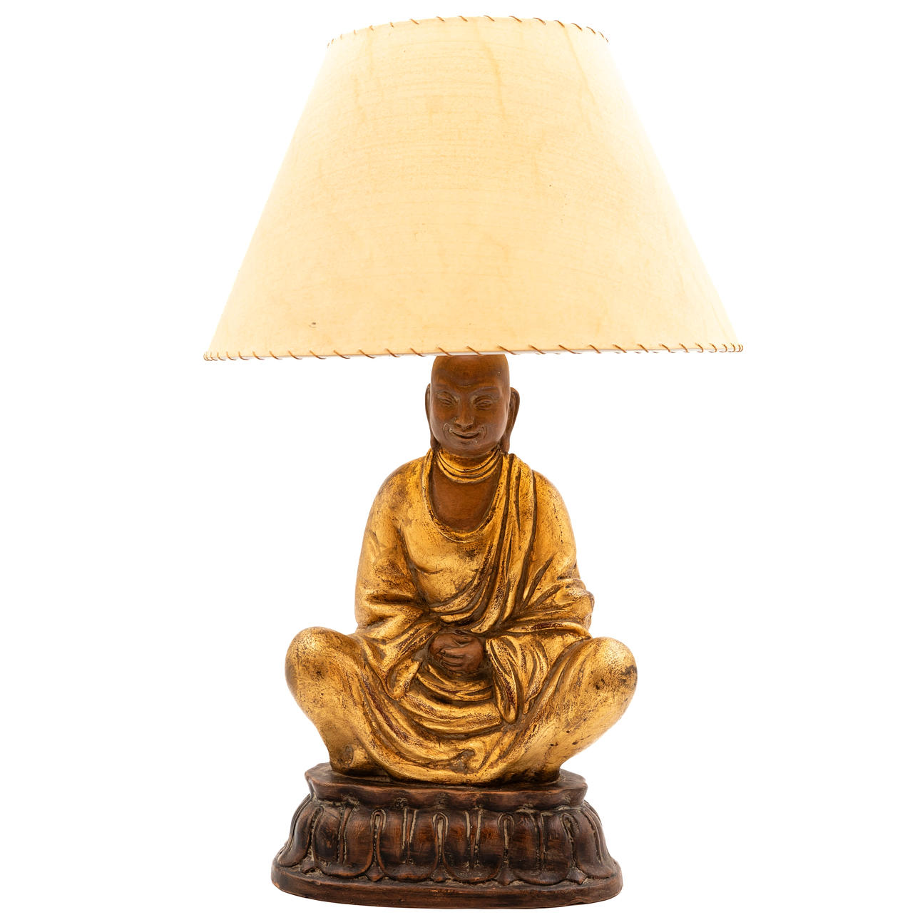 TABLE LAMP, Buddha design, leather shade.