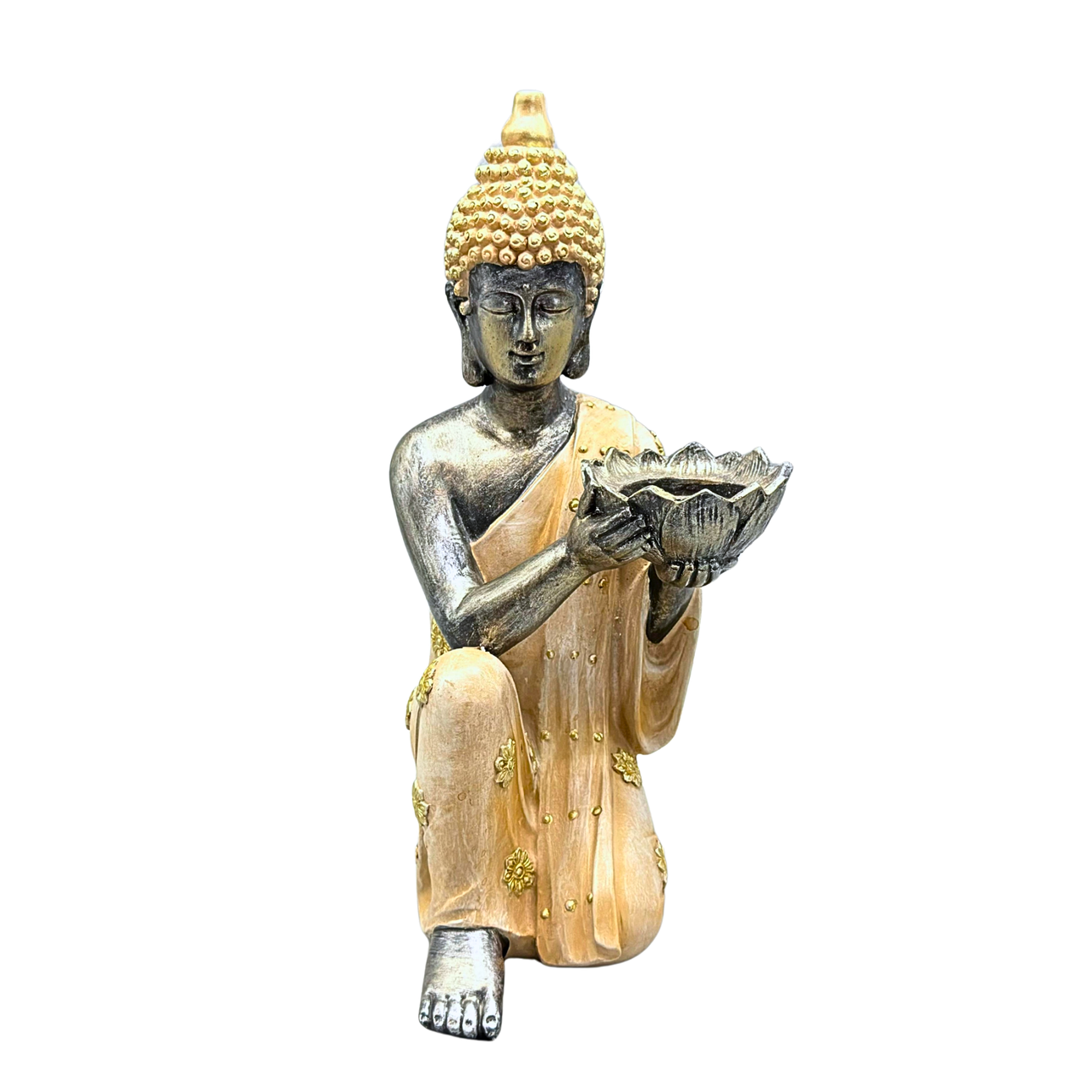 DECORATIVE BUDDHA FIGURE WITH A TEA LIGHT HOLDER.