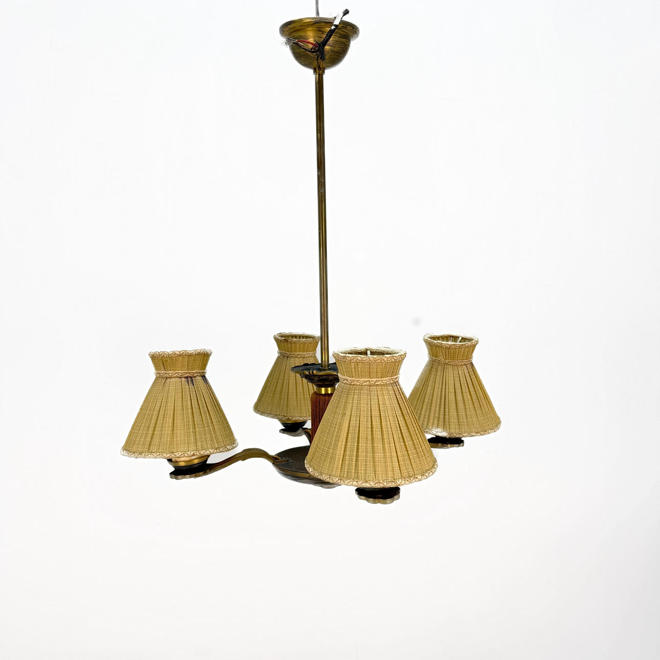 CEILING LAMP - Brass with textile shades, 4 light points.