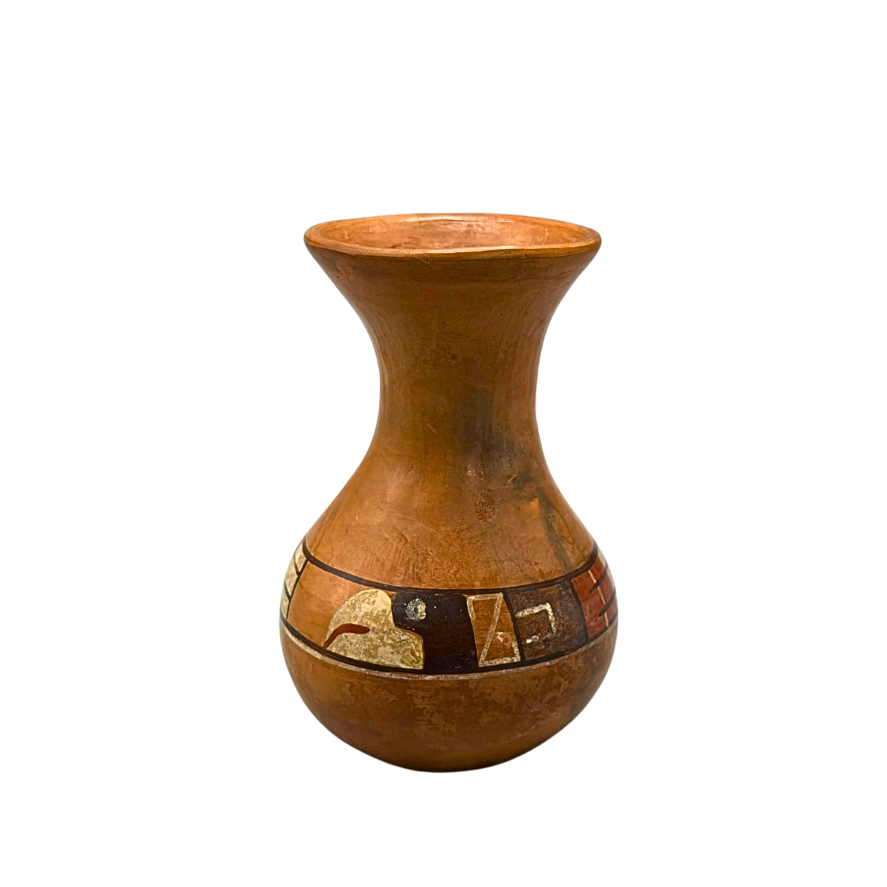 SMALL CLAY VASE WITH RUSTIC PAINTING.