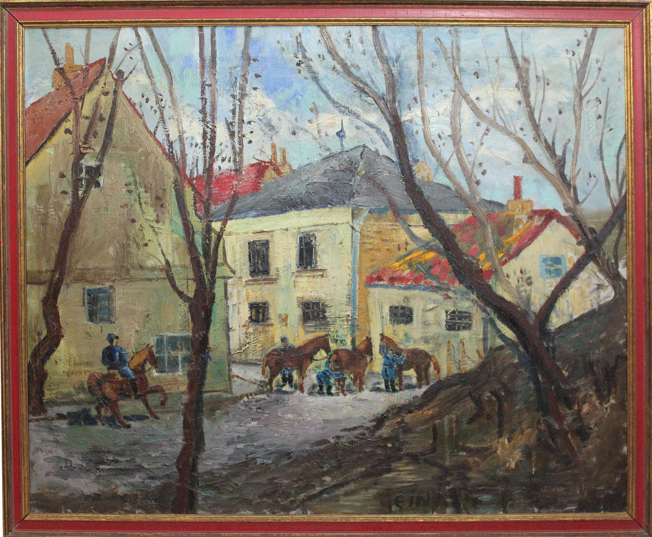 OIDENTIFIERAD KONSTNÄR. Polsk gatumiljö. Olja på duk. Otydlig signatur.