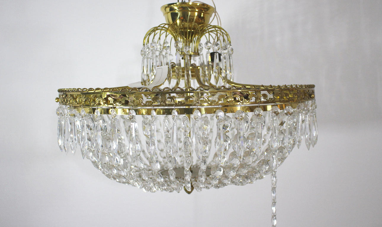 TAKKRONA, kristall och mässing, 8 st, ljuspunkter, 1900-talets mitt.