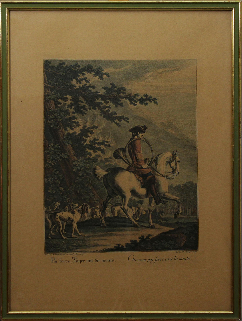 MARTIN ELIAS RIDINGER. "Otto Faenger" och "Par force Jäger mit der meute". Raderingar. Signerade Martin E Ridinger i trycket.