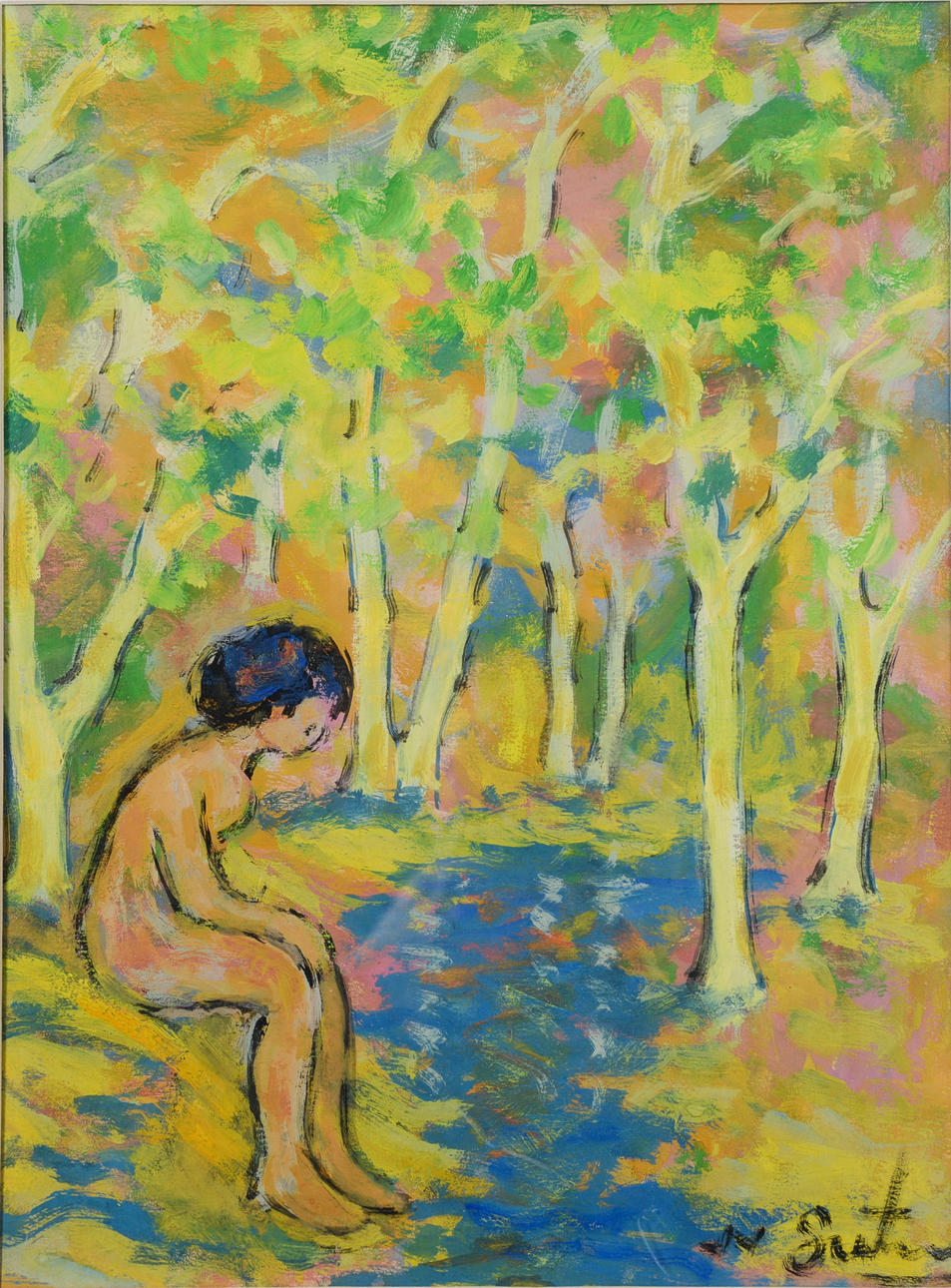 NATHAN GUTMAN. Kvinna i skog, gouache, signerad