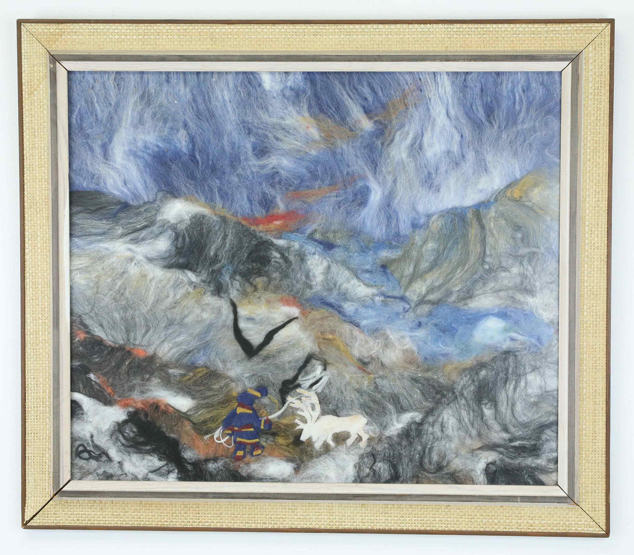 ARNOLD ERIKSSON. wool mosaic, Sami with reindeer, signed.