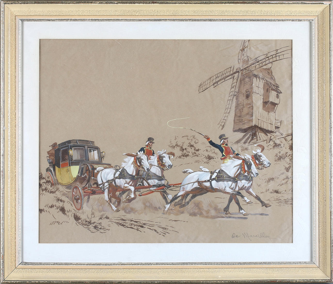 OIDENTIFERAD KONSTNÄR. Hästar med droska, gouache på papper, Frankrike, signerad "De Marcillac".