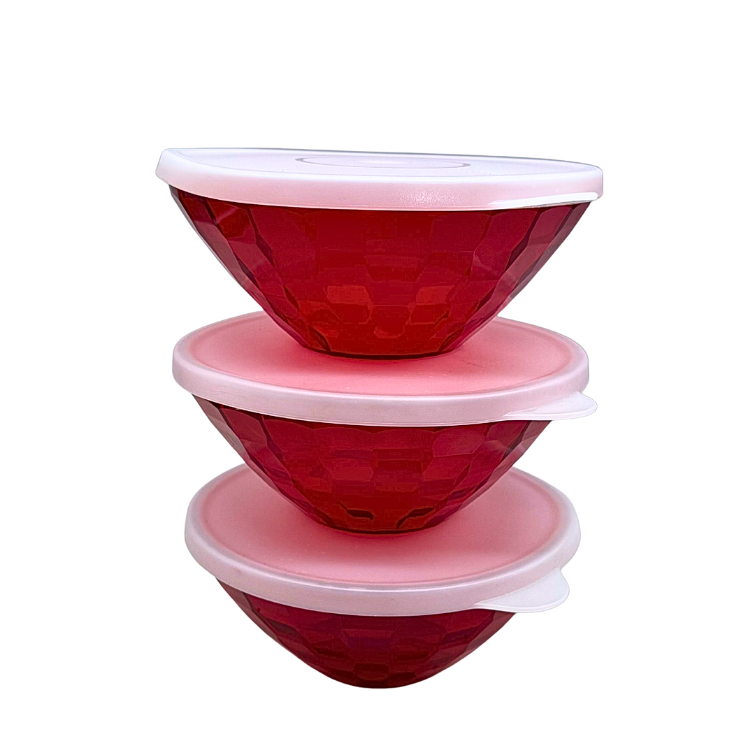 TUPPERWARE SERVING BOWL SET "STELLA DIAMANT / PRISMA" (3-PIECE, RUBY RED).