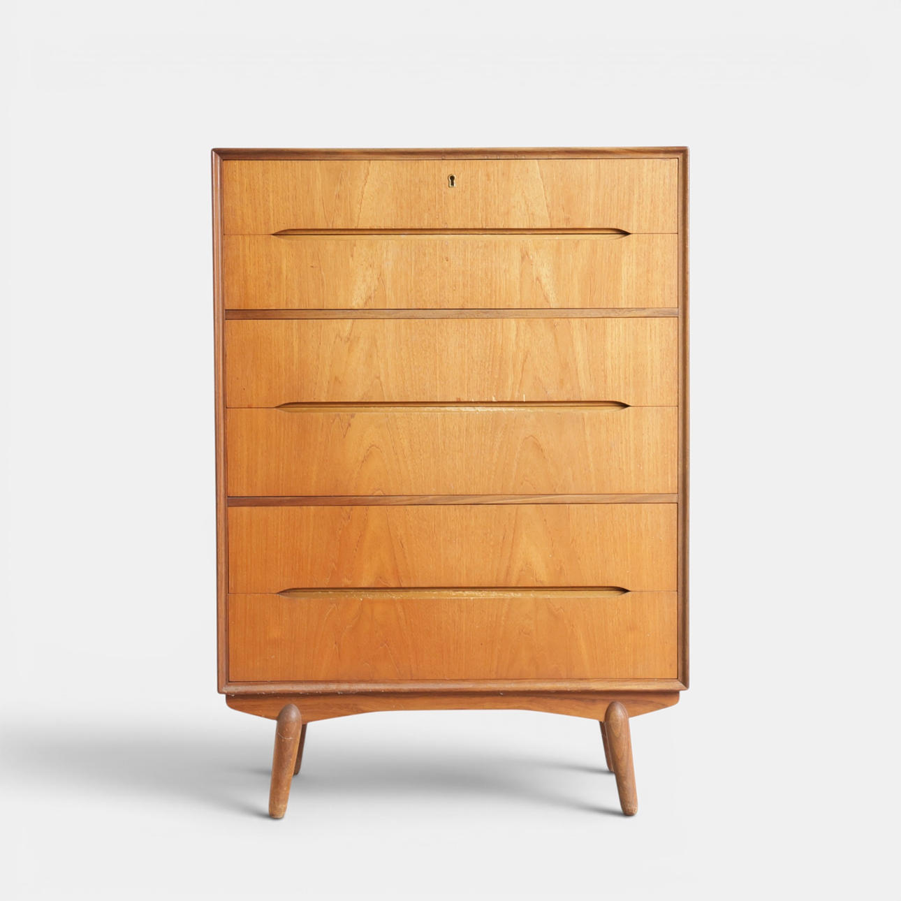 Teak chest of drawers, front with six drawers, round tapered legs ...