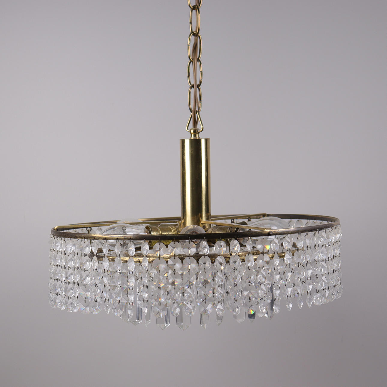 CEILING LAMP, prisms on brass frame, 1960s/70s.
