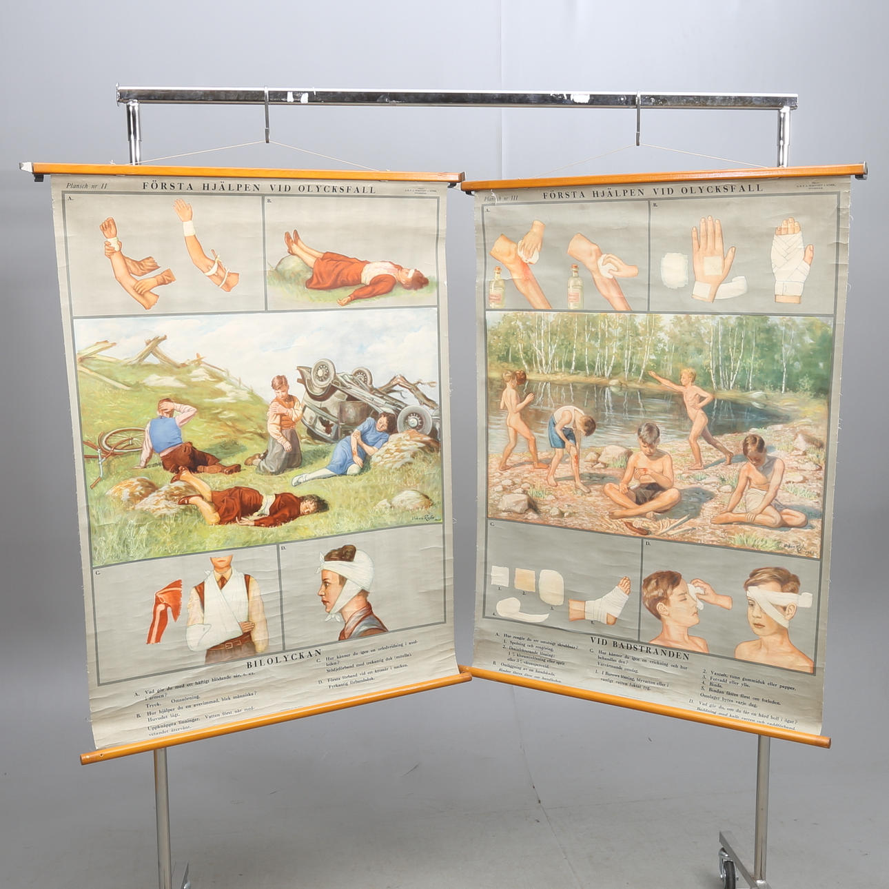 SKOLPLANSCHER, 2 st, "Första hjälpen vid olycksfall", plansch nr. II och III, Urban Rejle, Bengtssons lit. A.B. Sthlm, 1938.