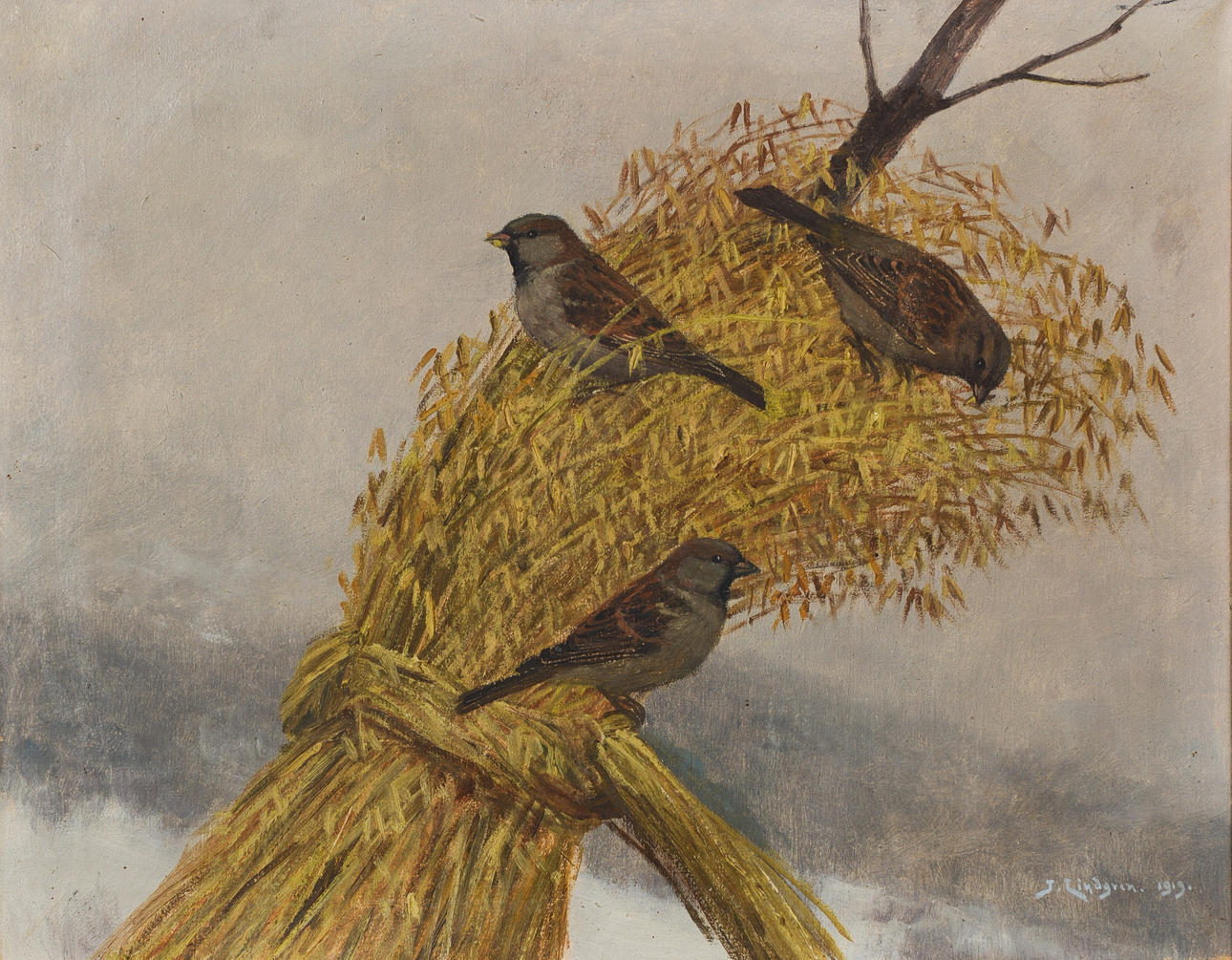 OIDENTIFIERAD KONSTNÄR. Sparrows on a sheaf, oil on canvas, signed "J. Lindgren", dated 1919.