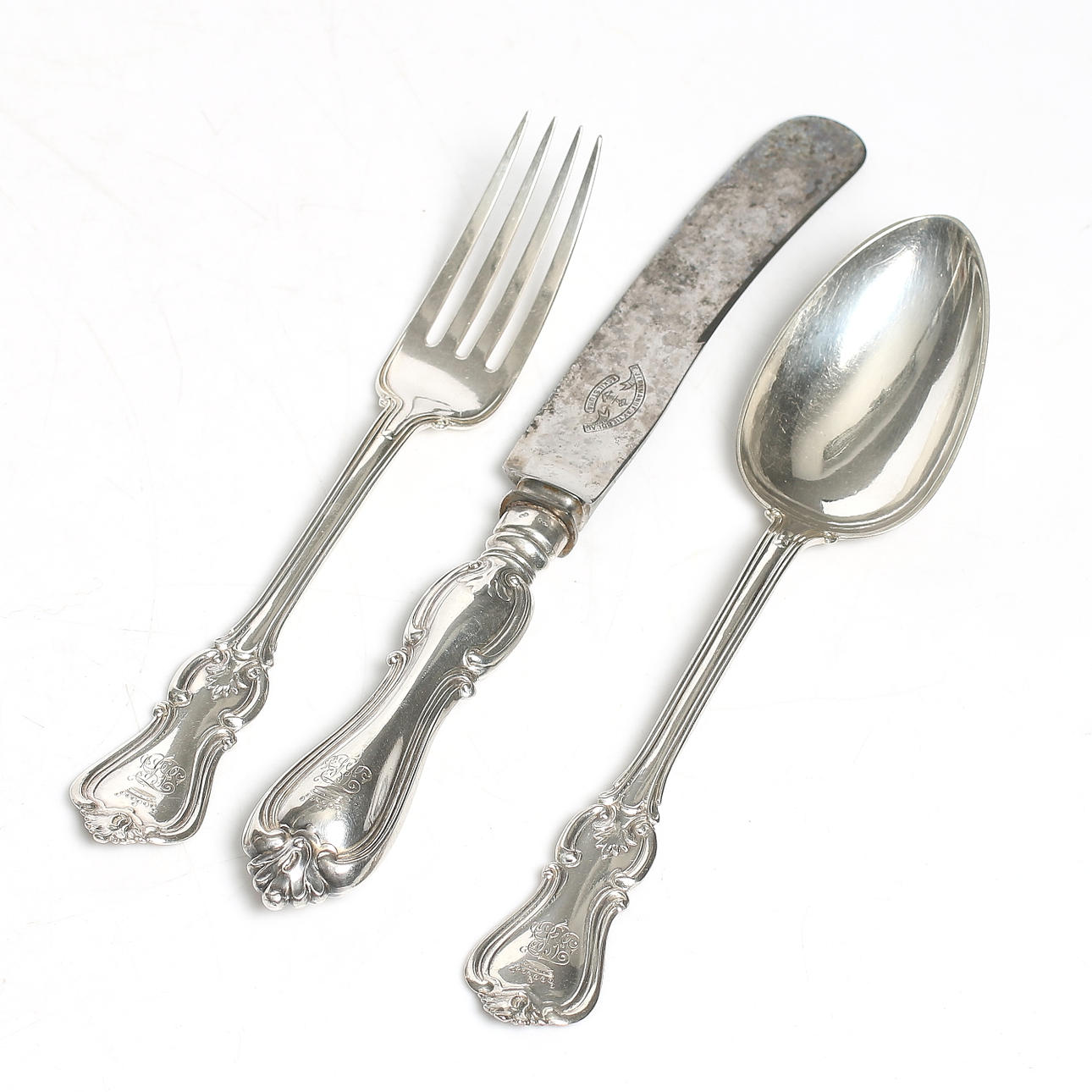 BESTICK, 3 delar, silver, Guldsmedsaktiebolaget, Stockholm,1886. Bruttovikt 214 gram.