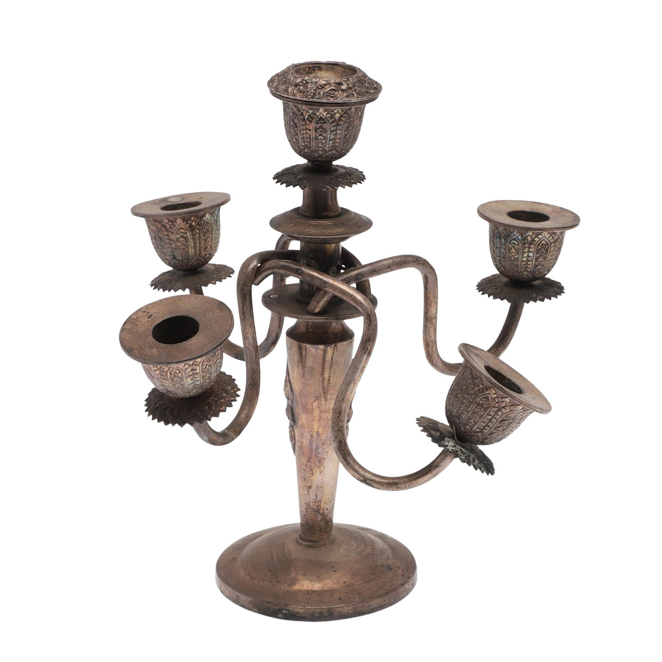 A MID 20TH CENTURY THAI SILVER FIVE BRANCH CANDELABRA.