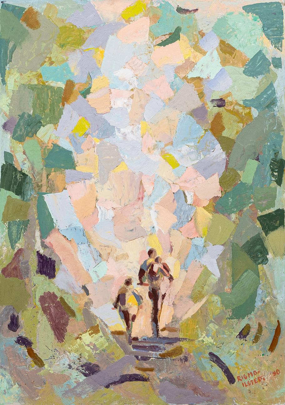 RIGMOR ILSTEDT. Bicycle ride, oil on panel, signed, dated -80.