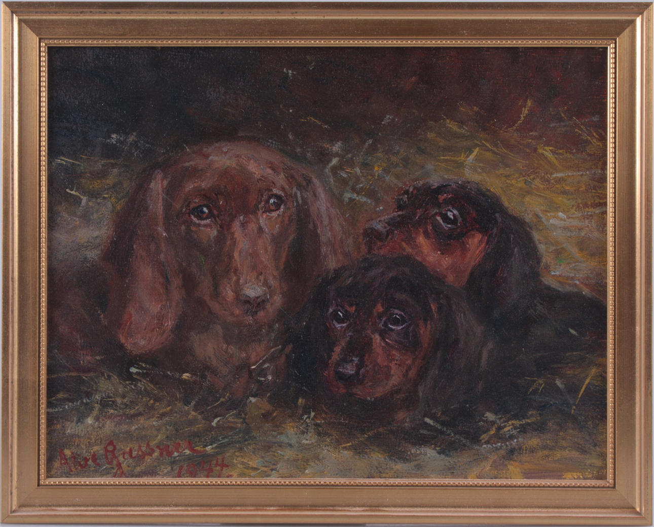 ALICE GASSNER. olja på pannå, tre hundar, signerad och daterad 1944.